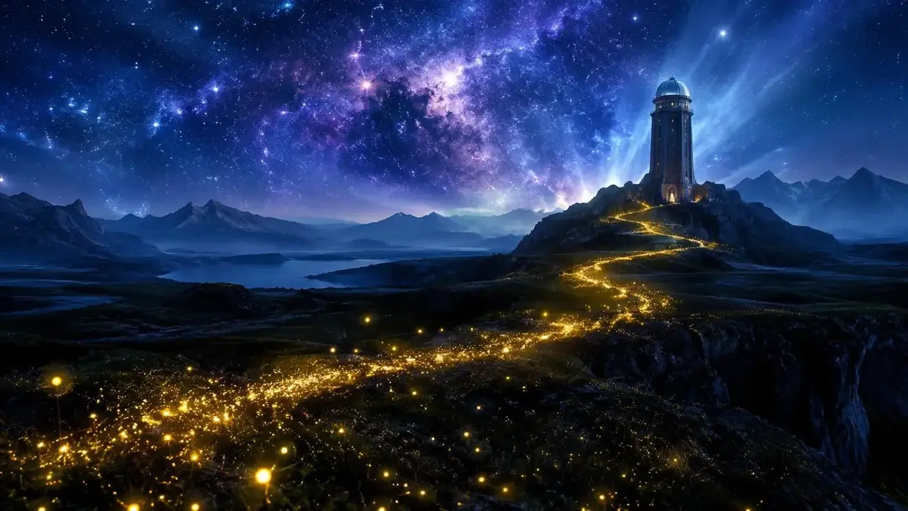 星河渡口首屏背景：星河之上的发光渡船