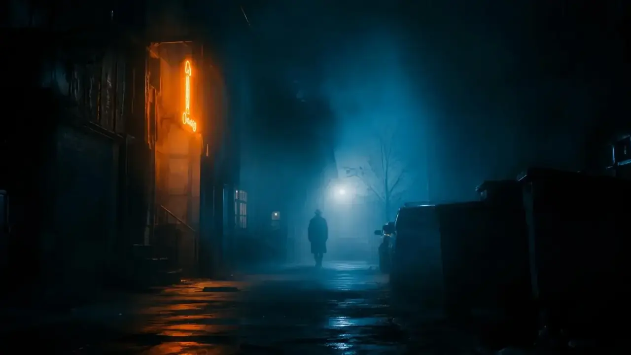 失踪的第7夜首屏背景：雾中小巷与闪烁路灯