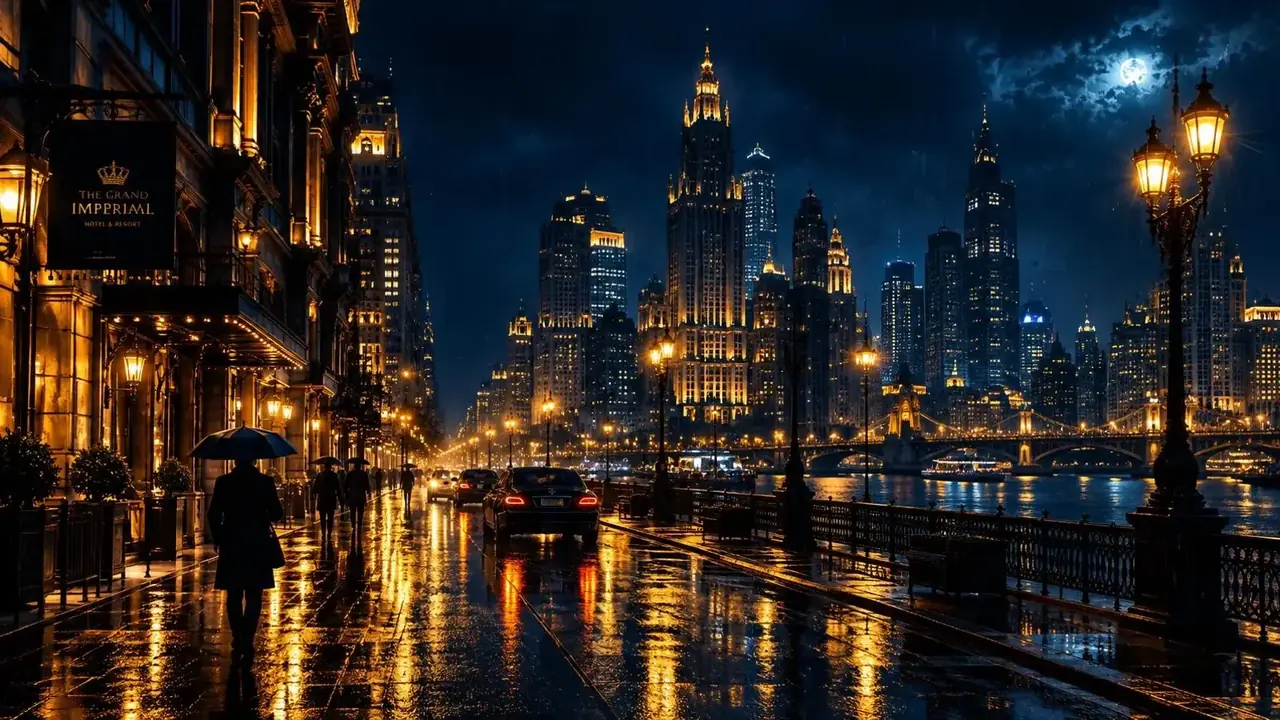 暗涌之城首屏背景：雨夜中亮着灯的城市天际线